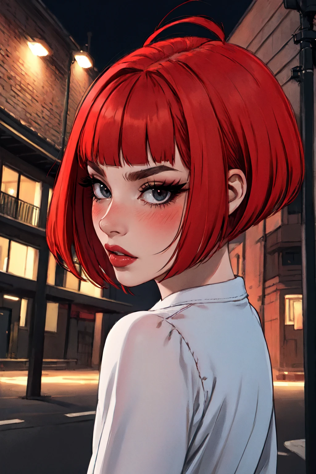 1woman, 35 years old, solo, skinny, red hair, black eyes, eyeliner, looking at viewer, lips, red bob cut, blunt bangs, blush, standing, upper body, face focus, outdoors, tec \(theme\), night, large breats, backwards, looking back