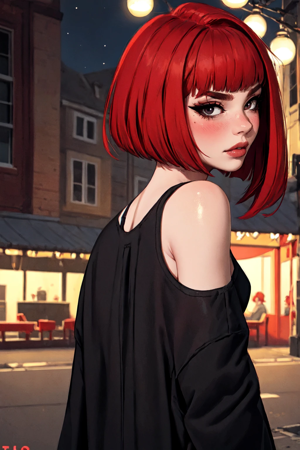 1woman, 35 years old, solo, skinny, red hair, black eyes, eyeliner, looking at viewer, lips, red bob cut, blunt bangs, blush, standing, upper body, face focus, outdoors, tec \(theme\), night, large breats, backwards, looking back