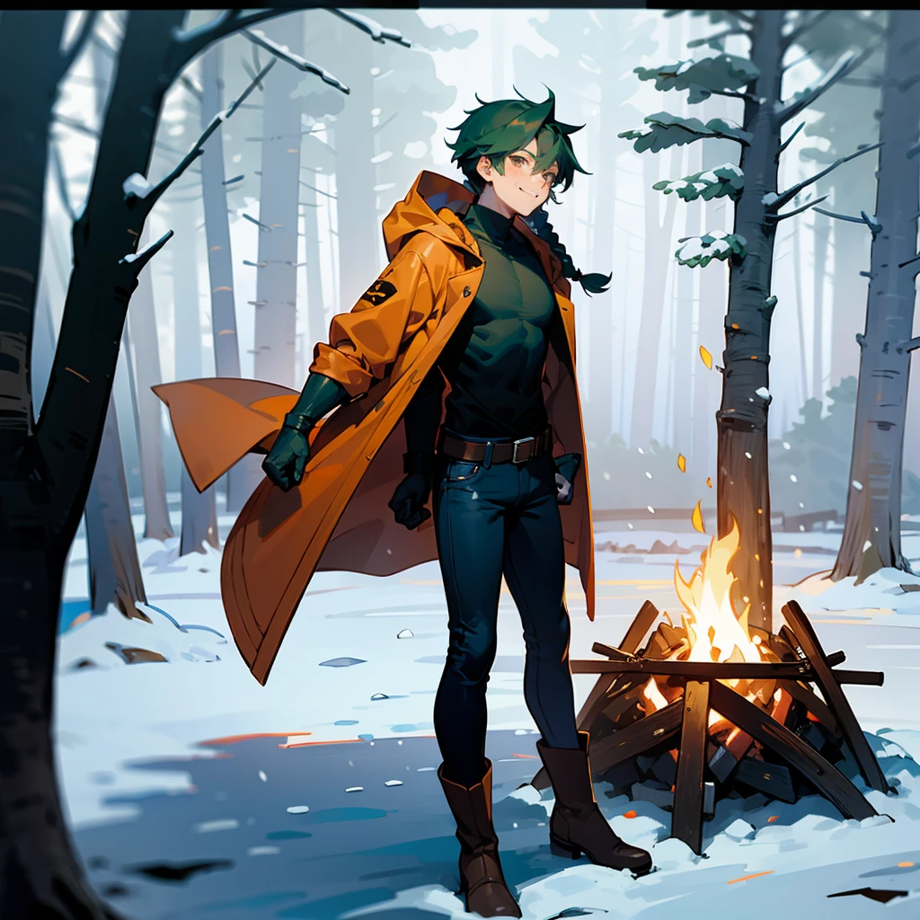 1male, Dark Green Hair, Orange Parka, Braided Hair, Black Jeans, Brown Boots, Silver Eyes, Happy Expression, Muscular, Superhero, Adult Male, Snowy Forest, Standing near a Campfire
