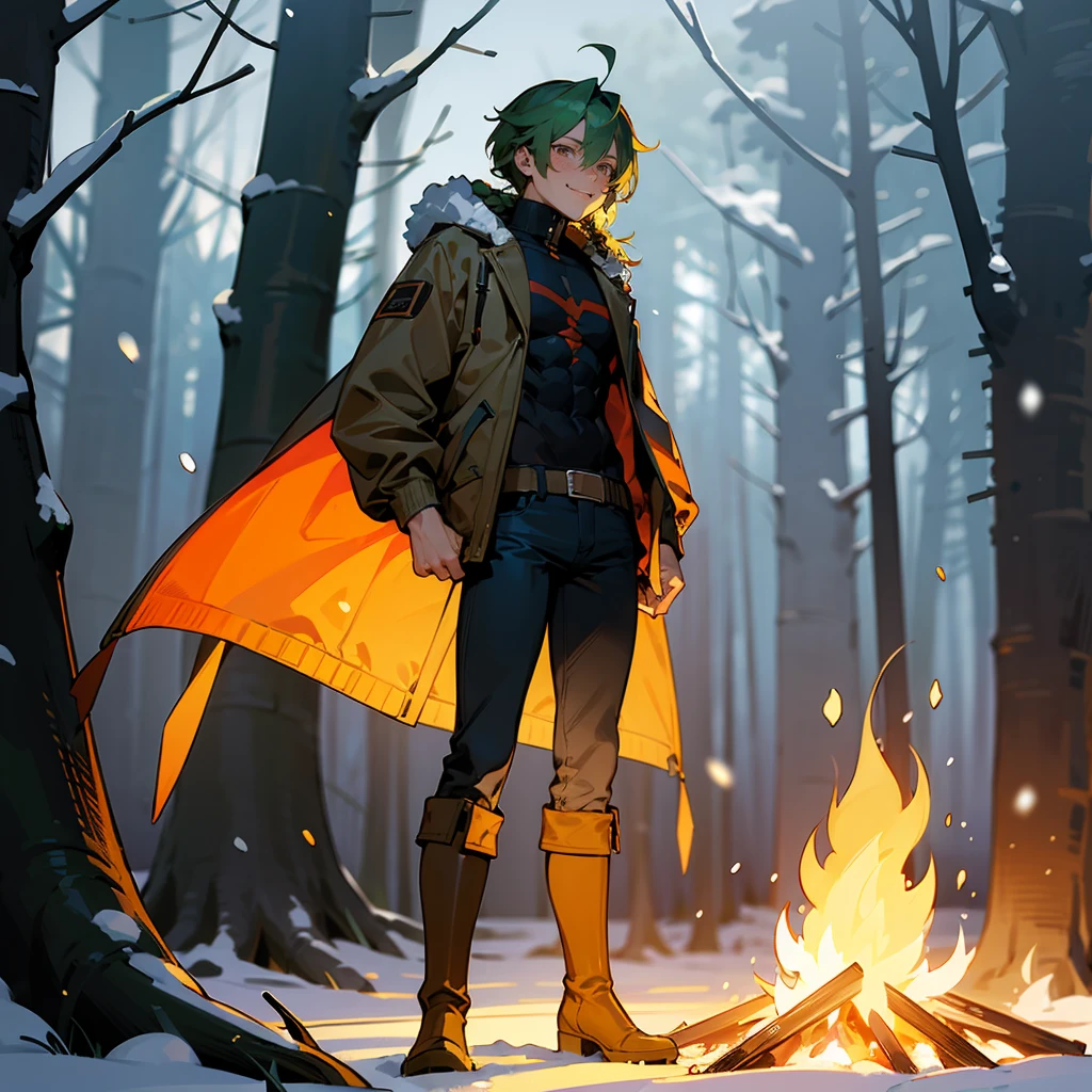 1male, Dark Green Hair, Orange Parka, Braided Hair, Black Jeans, Brown Boots, Silver Eyes, Happy Expression, Muscular, Superhero, Adult Male, Snowy Forest, Standing near a Campfire