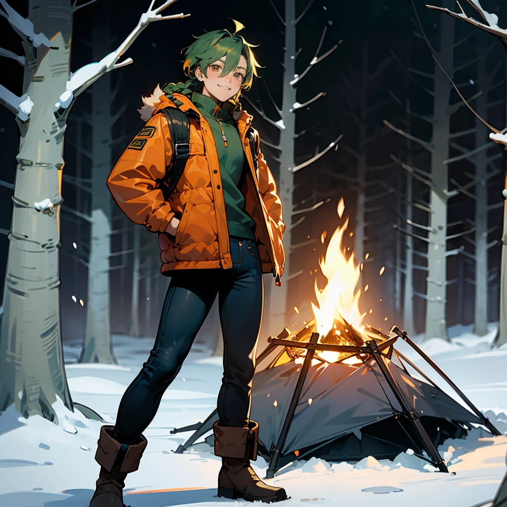 1male, Dark Green Hair, Orange Parka, Braided Hair, Black Jeans, Brown Boots, Silver Eyes, Happy Expression, Muscular, Superhero, Adult Male, Snowy Forest, Standing near a Campfire