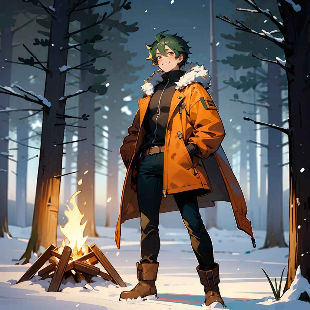 1male, Dark Green Hair, Orange Parka, Braided Hair, Black Jeans, Brown Boots, Silver Eyes, Happy Expression, Muscular, Superhero, Adult Male, Snowy Forest, Standing near a Campfire