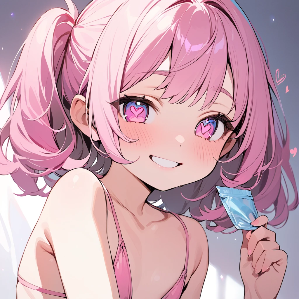 (masterpiece), best quality, expressive eyes, perfect face, Cute girl, 10 years old, holding a pack of condoms in her left hand, wearing a thin pink swimsuit, bare right breast, heart pupils, sexy smile, flat chest, pink tint colors, bright colors.