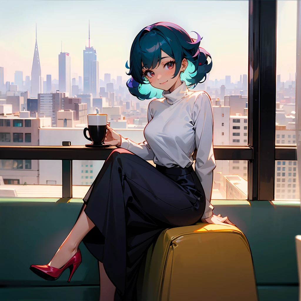 1female, Teal Hair, White Turtleneck, Curly Hair, Purple Skirt, Red Heels, Gold Eyes, Smiling, Lean, Spy, Young Female, Cityscape, Sitting at a Café