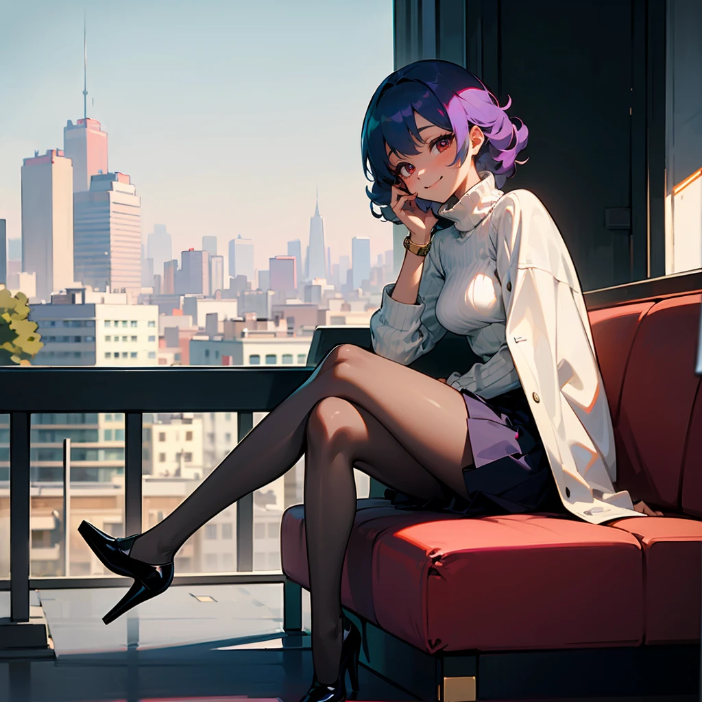1female, Teal Hair, White Turtleneck, Curly Hair, Purple Skirt, Red Heels, Gold Eyes, Smiling, Lean, Spy, Young Female, Cityscape, Sitting at a Café