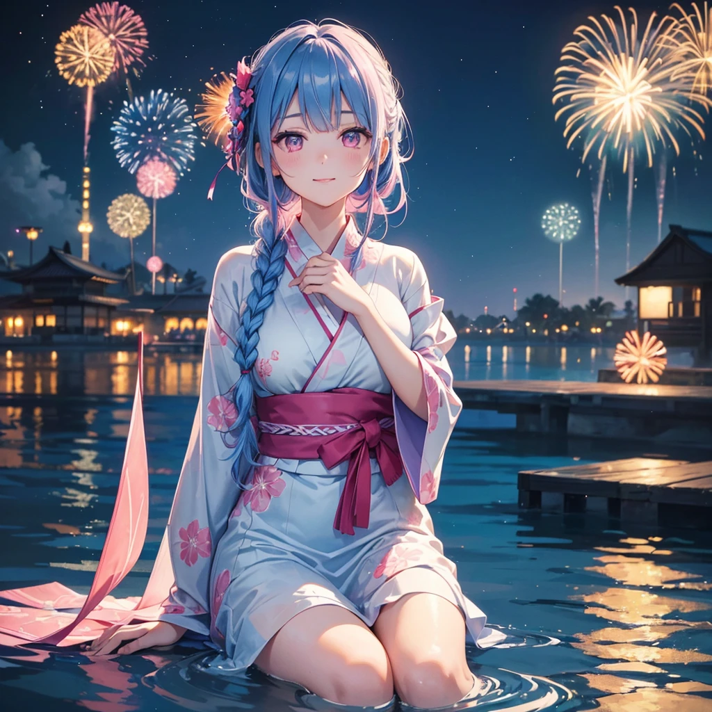 (Sky Blue Medium Hair:1.2), (Braided Hair),(Pink Eyes),Fair skin ,(whole body),(1 girl)、Floral Yukata、summer night、Extra-large fireworks filling the night sky、Huge fireworks launched from the sea、Watching the fireworks while sitting next to each other、smile、Straight bangs,(masterpiece, Highest quality, Very detailed, Best Shadow), (Detailed Background), (Beautifully detailed face), High Contrast, (Best lighting, Very delicate and beautiful), ((Cinematic Light)), colorful, Hyper Detail 8k, Dramatic Light, Intricate details,Fireworks reflected on the water surface、