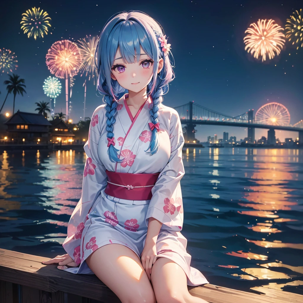 (Sky Blue Medium Hair:1.2), (Braided Hair),(Pink Eyes),Fair skin ,(whole body),(1 girl)、Floral Yukata、summer night、Extra-large fireworks filling the night sky、Huge fireworks launched from the sea、Watching the fireworks while sitting next to each other、smile、Straight bangs,(masterpiece, Highest quality, Very detailed, Best Shadow), (Detailed Background), (Beautifully detailed face), High Contrast, (Best lighting, Very delicate and beautiful), ((Cinematic Light)), colorful, Hyper Detail 8k, Dramatic Light, Intricate details,Fireworks reflected on the water surface、