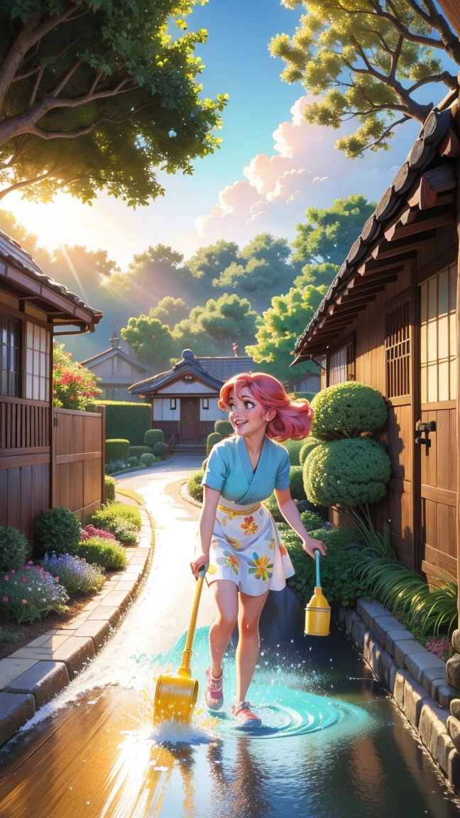 A slightly more realistic Disney-Pixar style illustration of a cheerful housewife using a hose to sprinkle water on an asphalt road. The woman is joyfully watering the road with bright sunlight shining down, creating a lively and colorful atmosphere. The background includes a traditional Japanese house, lush greenery, and vibrant flowers, capturing the essence of summer. This illustration is designed for educational purposes for children. 9:16 aspect ratio.