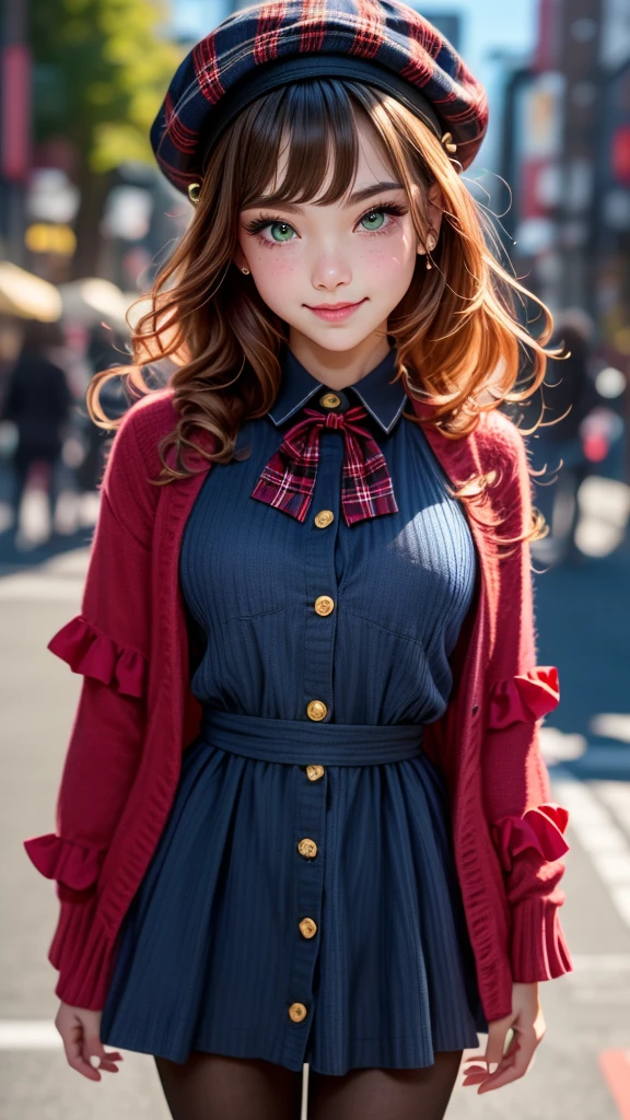insanely detailed, absurdres, ultra-highres, ultra-detailed, best quality,
1girl, solo, nice hands, perfect hands,
BREAK
(vintage-inspired beret with flower pin:1.3), (navy and red plaid dress:1.5), (golden buttons down the front:1.2), (ivory blouse with ruffle detailing and red bow tie:1.4), (peach cardigan with cable knit pattern:1.3), (black tights:1.1), (red Mary Jane shoes:1.2)
BREAK
happy smile, laugh, closed mouth, standing,
45 angle,
cute pose, cowboy shot,
BREAK
slender, kawaii, perfect symmetrical face, ultra cute girl, ultra cute face, ultra detailed eyes, ultra detailed hair, ultra cute, ultra beautiful,
BREAK
in harajuku, shibuya, tokyo, street, crowd, cityscape,
BREAK
medium breasts,
(orange medium hair, green eyes), hime cut