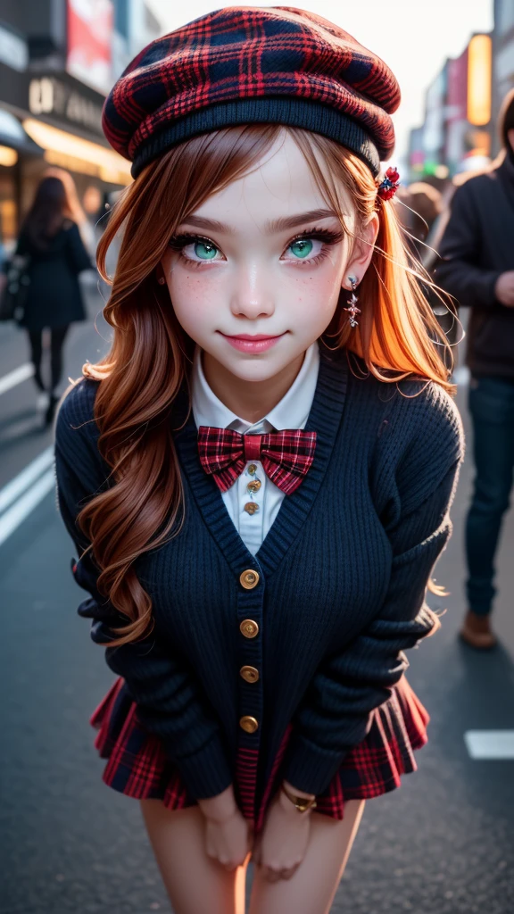 insanely detailed, absurdres, ultra-highres, ultra-detailed, best quality,
1girl, solo, nice hands, perfect hands,
BREAK
(vintage-inspired beret with flower pin:1.3), (navy and red plaid dress:1.5), (golden buttons down the front:1.2), (ivory blouse with ruffle detailing and red bow tie:1.4), (peach cardigan with cable knit pattern:1.3), (black tights:1.1), (red Mary Jane shoes:1.2)
BREAK
happy smile, laugh, closed mouth, standing,
45 angle,
cute pose, cowboy shot,
BREAK
slender, kawaii, perfect symmetrical face, ultra cute girl, ultra cute face, ultra detailed eyes, ultra detailed hair, ultra cute, ultra beautiful,
BREAK
in harajuku, shibuya, tokyo, street, crowd, cityscape,
BREAK
medium breasts,
(orange medium hair, green eyes), hime cut