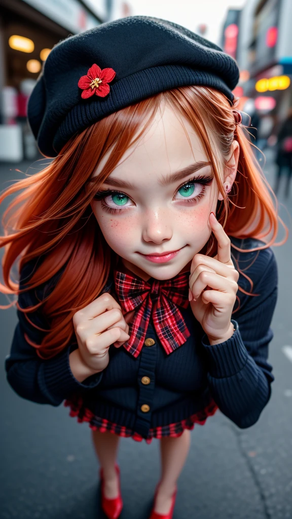 insanely detailed, absurdres, ultra-highres, ultra-detailed, best quality,
1girl, solo, nice hands, perfect hands,
BREAK
(vintage-inspired beret with flower pin:1.3), (navy and red plaid dress:1.5), (golden buttons down the front:1.2), (ivory blouse with ruffle detailing and red bow tie:1.4), (peach cardigan with cable knit pattern:1.3), (black tights:1.1), (red Mary Jane shoes:1.2)
BREAK
happy smile, laugh, closed mouth, standing,
45 angle,
cute pose, cowboy shot,
BREAK
slender, kawaii, perfect symmetrical face, ultra cute girl, ultra cute face, ultra detailed eyes, ultra detailed hair, ultra cute, ultra beautiful,
BREAK
in harajuku, shibuya, tokyo, street, crowd, cityscape,
BREAK
medium breasts,
(orange medium hair, green eyes), hime cut