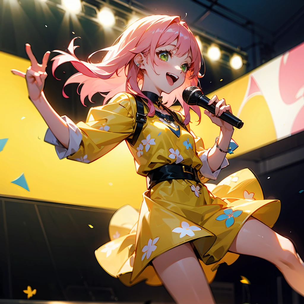 1female, Pink Hair, Yellow Floral Dress, Straight Hair, White Flats, Green Eyes, Laughing, , Singer, Young Female, Concert Stage, Performing with a Microphone