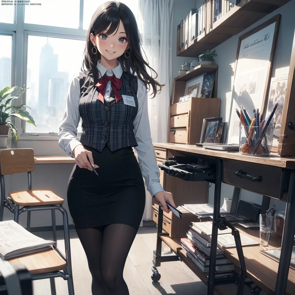 (Best Quality, Masterpiece),Wearing a pink plaid vest, White short sleeved shirt, Gray pencil skirt, Wear stiletto heels, Necklace, earrings, Cute face, Smile, Blushing, Shyness, Glass wall, Ultra Detail, Realistic, Front view, Whole body, stunning, cute, warm smile, hourglass figure, apron, text, chart, advertising, magazine title(Best Quality, Masterpiece), Mag((((1ladyl,)))) (masterpiece), (realistic), (best quality), (ultra-detailed), (wearing in [[white and gray check pattern]] Vest worn over white collared long-sleeved shirt:1.4), (gray vest with buttons:1.2), (Pink Theme:1.2), (blue ribbon ribbon:1.3), (Black theme:1.4), (Tight black pencil skirt:1.5), ((Brown pantyhose)), (high-heels:1.1),longskirt,office desk, office chair,Lulubre Unity 8K Wallpaper, pantyshot, long brown hair, office lady Magazine Cover, 1girl,  amazing, girl, 30 years old, house wiife, warm smile, hourglass figure, text, chart, advertising, magazine title