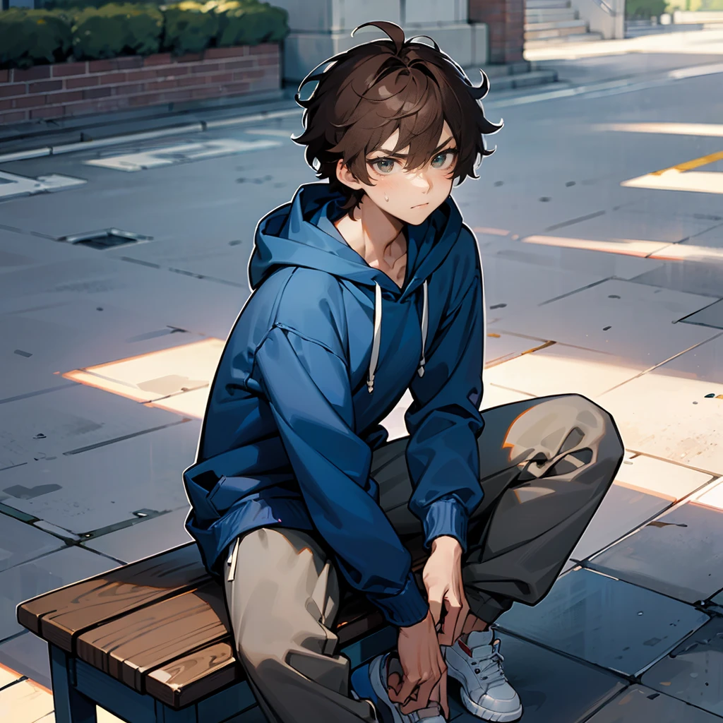 1male, Brown Hair, Blue Hoodie, Messy Hair, Grey Sweatpants, White Sneakers, Hazel Eyes, Serious Expression, Tall, Student, Young Male, School Campus, Sitting on a Bench