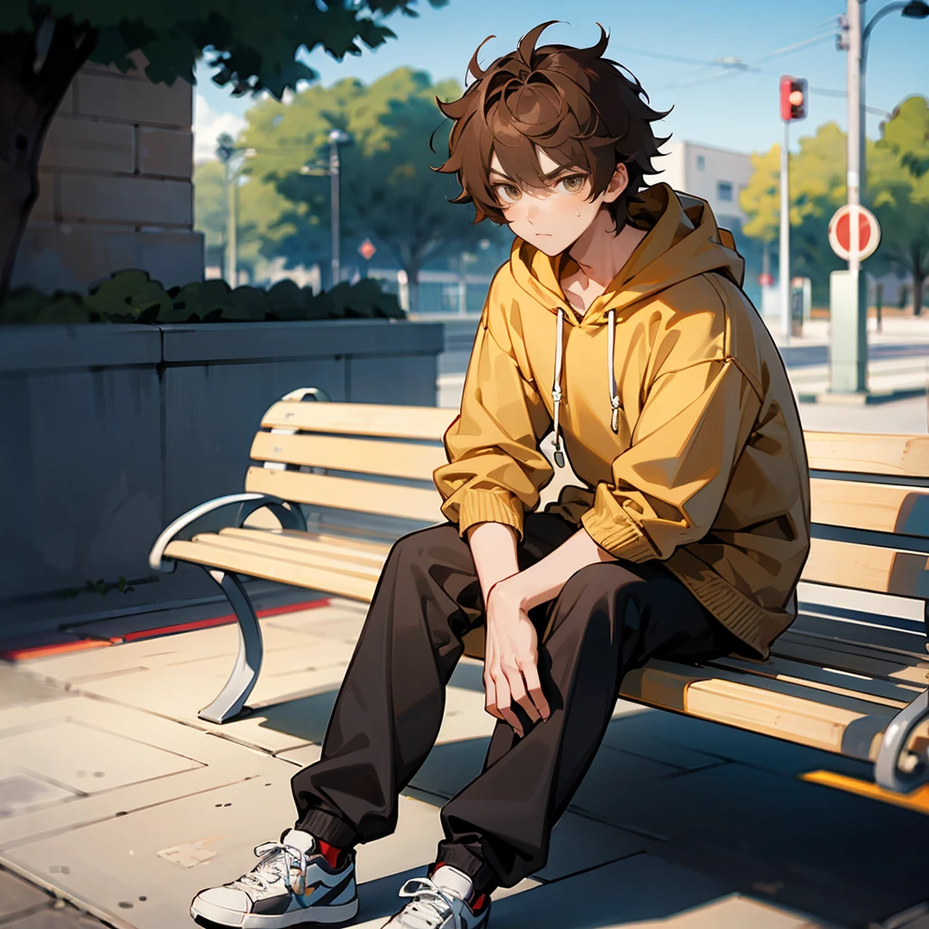 1male, Brown Hair, Blue Hoodie, Messy Hair, Grey Sweatpants, White Sneakers, Hazel Eyes, Serious Expression, Tall, Student, Young Male, School Campus, Sitting on a Bench