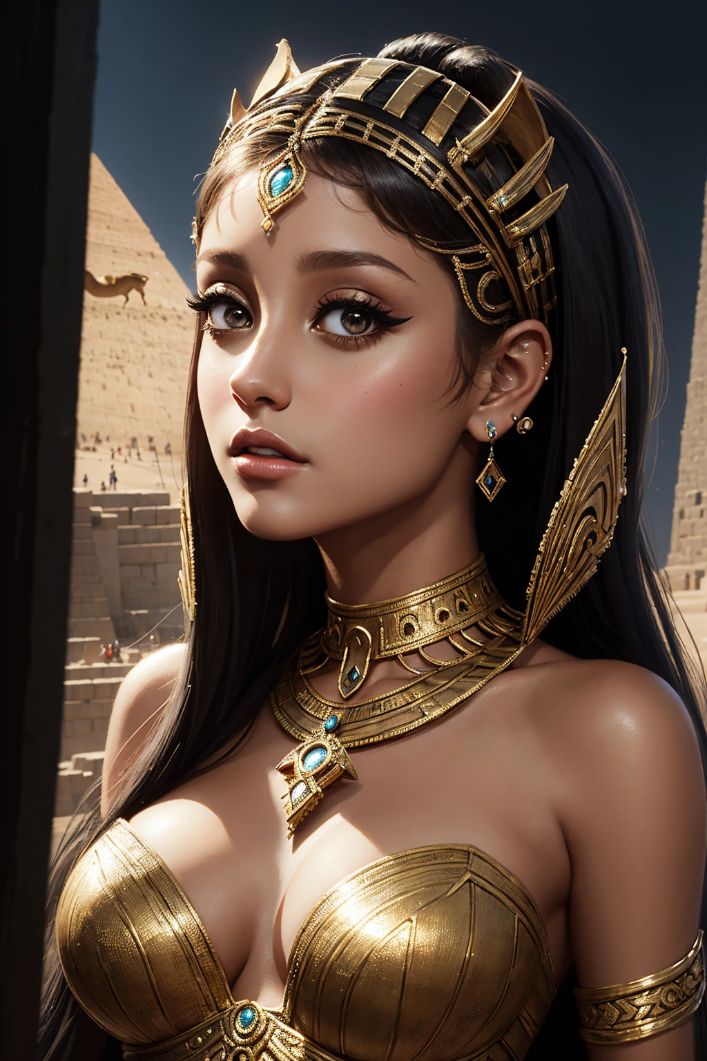 portrait Ariana Grande, wearing cleopatra costume, against the background of the pyramids, character portrait, 3 9 9 0 s, short hair, intricate, elegant, highly detailed, digital painting, artstation, concept art, smooth, sharp focus, illustration, art by wlop, charlie bowater and alexandra fomina, 36k