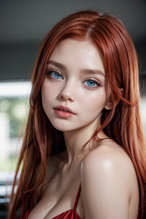a beautiful young woman with red hair .blue eyes red mouth in a long red slit dress