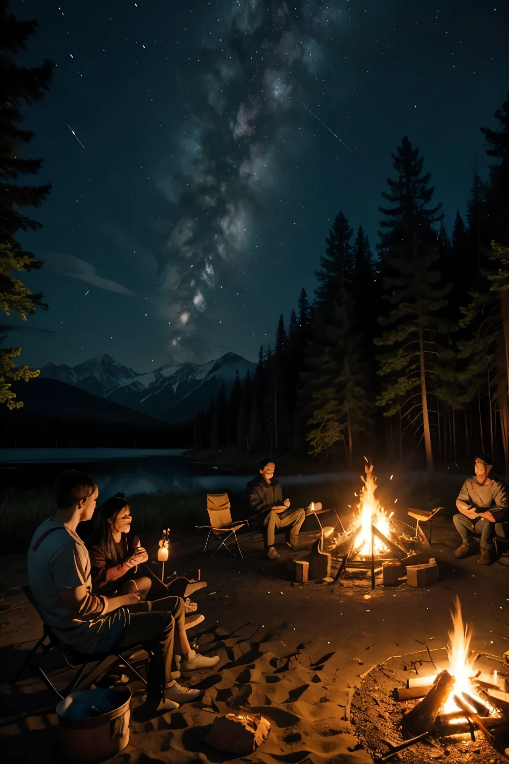 4 friends around the campfire at dark night