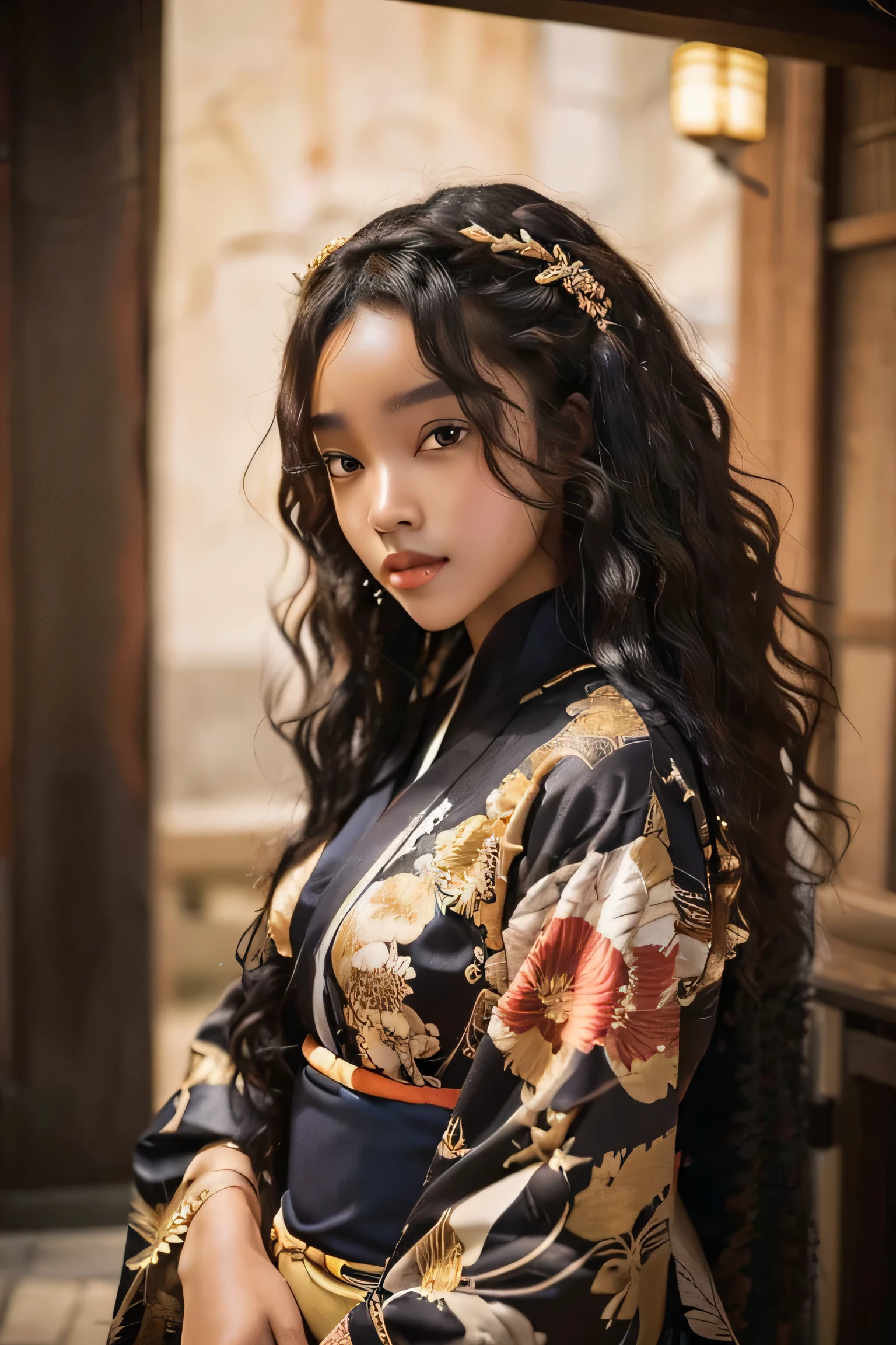masterpiece, best quality, beautiful African and Asian mixed 19 year old, ebony skin female, long, frizzy, curly dark hair, perfect face, long hair, melanin, curly hair, wearing kimono_clothes
