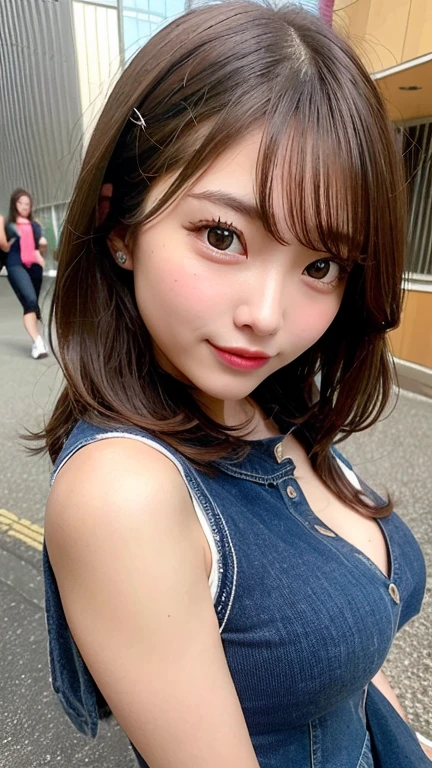 Highest quality, shape, Very detailed, finely, High resolution, 8k wallpaper, Perfect dynamic shape, Beautiful and detailed, Summer clothes,Medium Hair,Natural color lip,smile,20-year-old girl、Midnight、Beautiful and elaborate face、Perfect and beautiful face、Slim face and figure,Spread your arms wide,Big eyes,Take a photo with your face up from your knees、Small face、Beautifully detailed face、Perfect and beautiful double eyelids、Big cleavage、length, Thin legs、One Woman、gravure、Skinny jeans、Observe the audience、Run
