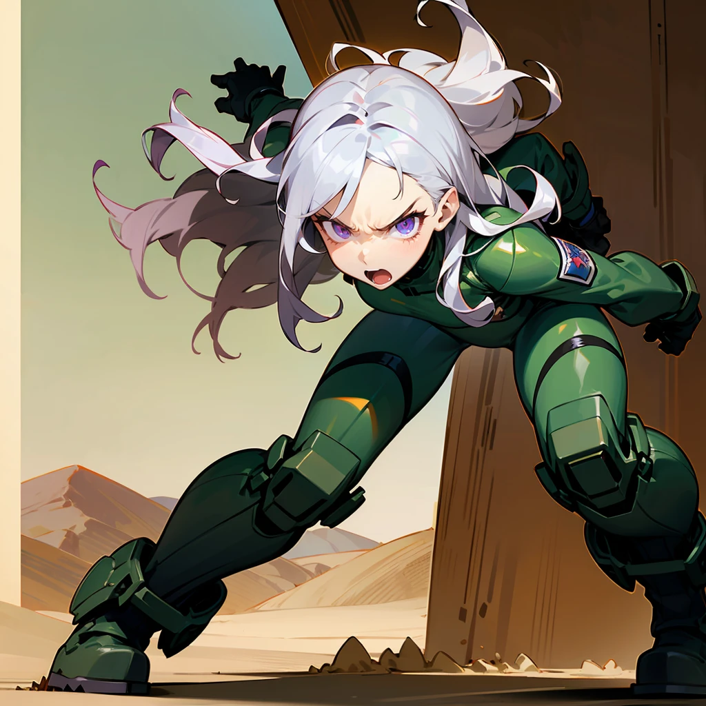 1female, Silver Hair, Green Combat Suit, Wavy Hair, Black Gloves, Combat Boots, Violet Eyes, Angry Expression, Athletic, Soldier, Adult Female, Desert Base, Preparing Equipment
