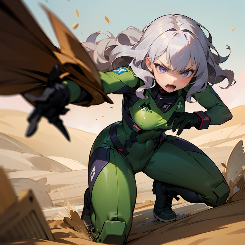 1female, Silver Hair, Green Combat Suit, Wavy Hair, Black Gloves, Combat Boots, Violet Eyes, Angry Expression, Athletic, Soldier, Adult Female, Desert Base, Preparing Equipment