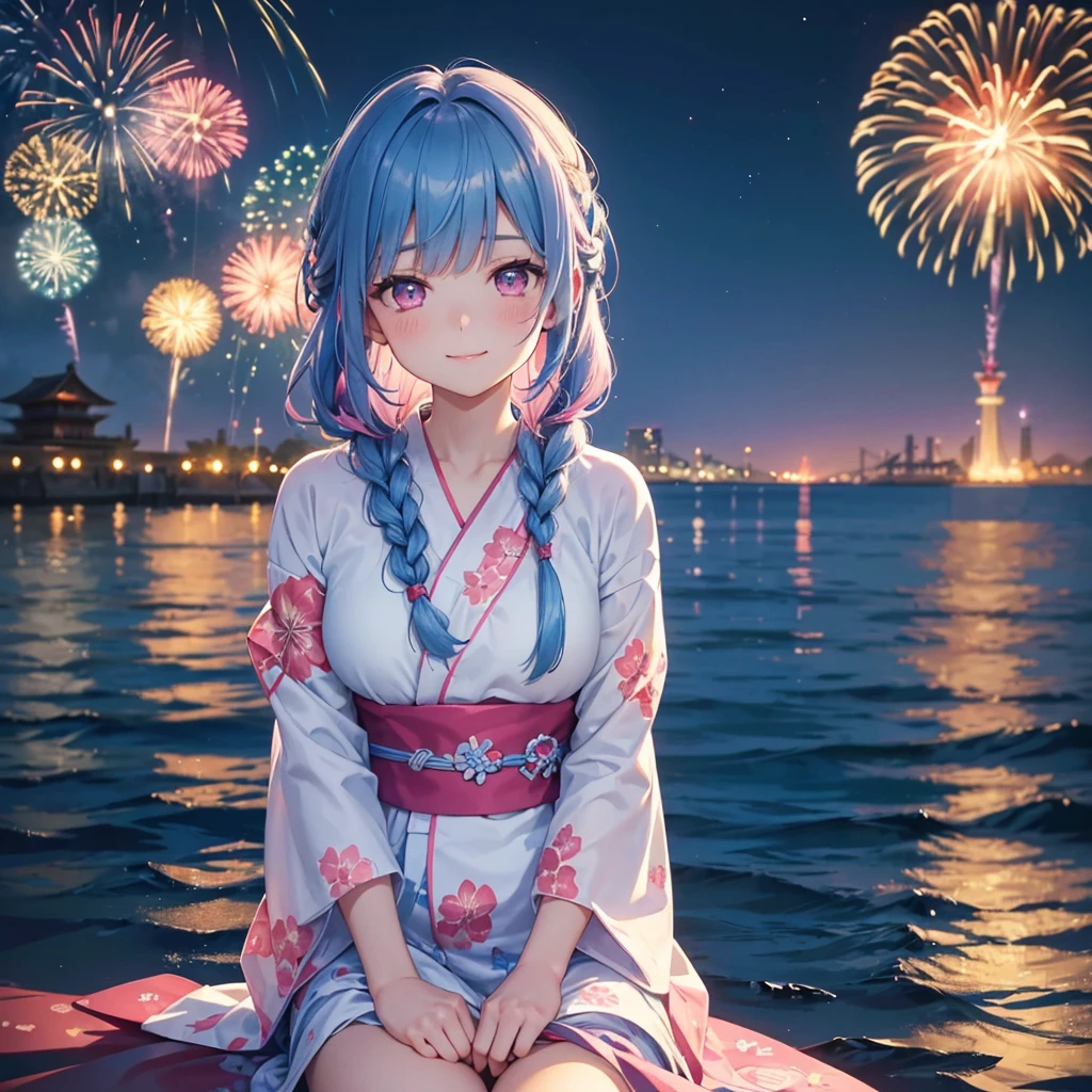(Sky Blue Medium Hair:1.2), (Braided Hair),(Pink Eyes),Fair skin ,(whole body),(1 girl)、Floral Yukata、summer night、Extra-large fireworks filling the night sky、Huge fireworks launched from the sea、Watching the fireworks while sitting next to each other、smile、Straight bangs,(masterpiece, Highest quality, Very detailed, Best Shadow), (Detailed Background), (Beautifully detailed face), High Contrast, (Best lighting, Very delicate and beautiful), ((Cinematic Light)), colorful, Hyper Detail 8k, Dramatic Light, Intricate details,Fireworks reflected on the water surface、
