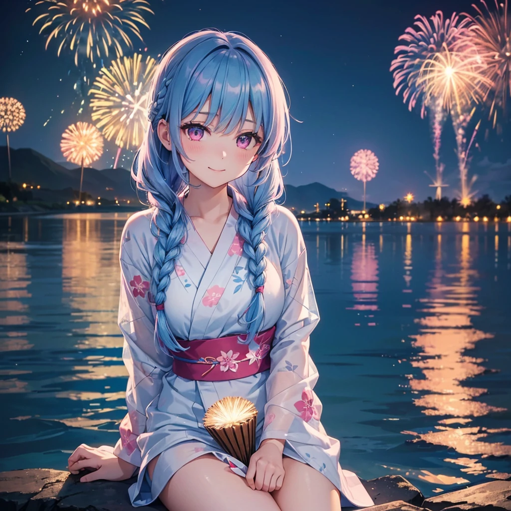 (Sky Blue Medium Hair:1.2), (Braided Hair),(Pink Eyes),Fair skin ,(whole body),(1 girl)、Floral Yukata、summer night、Extra-large fireworks filling the night sky、Huge fireworks launched from the sea、Watching the fireworks while sitting next to each other、smile、Straight bangs,(masterpiece, Highest quality, Very detailed, Best Shadow), (Detailed Background), (Beautifully detailed face), High Contrast, (Best lighting, Very delicate and beautiful), ((Cinematic Light)), colorful, Hyper Detail 8k, Dramatic Light, Intricate details,Fireworks reflected on the water surface、