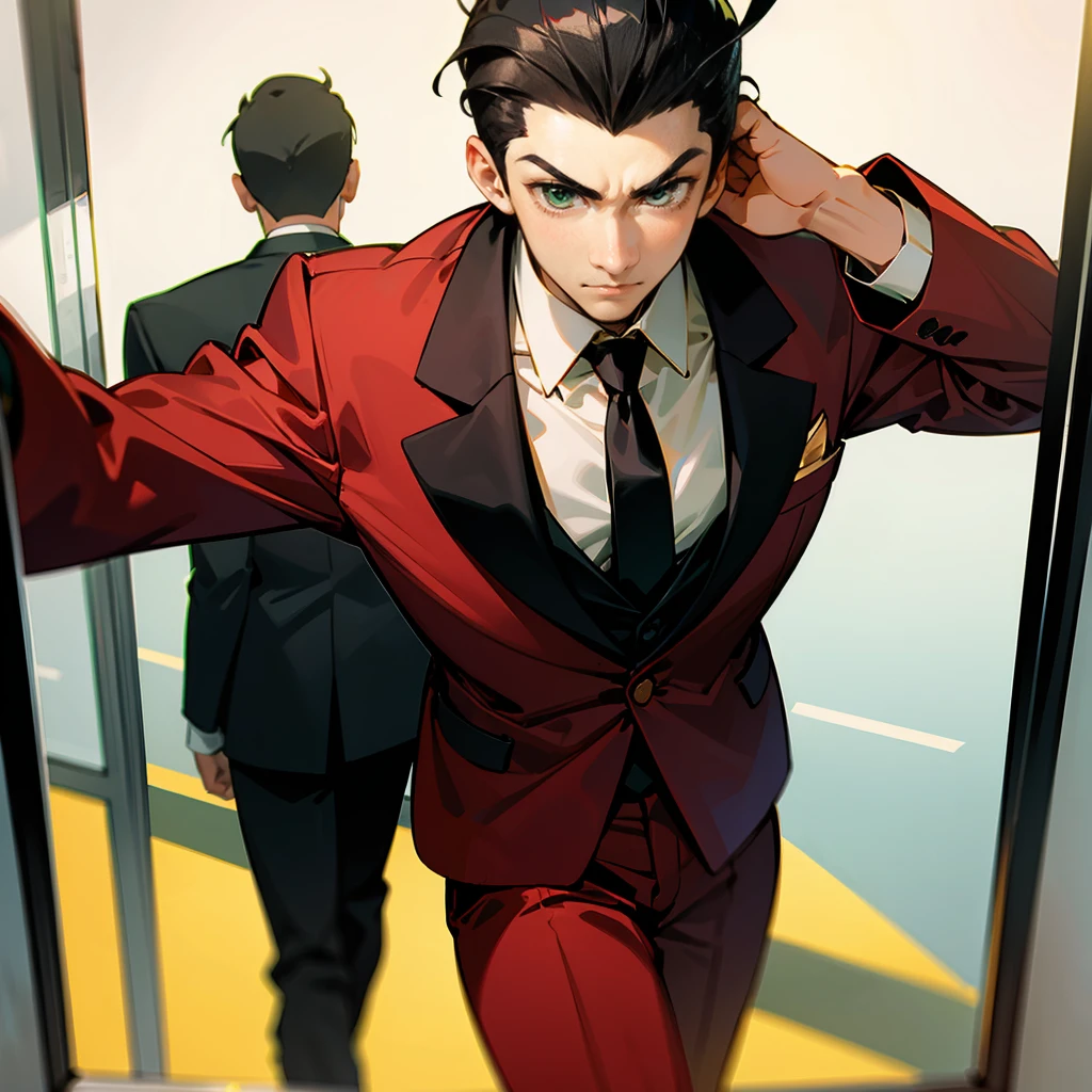1male, Black Hair, Red Suit, Slick Back Hair, Black Dress Shoes, Gold Tie, Green Eyes, Confident Expression, Lean, Businessman, Adult Male, Office Building, Standing by a Window