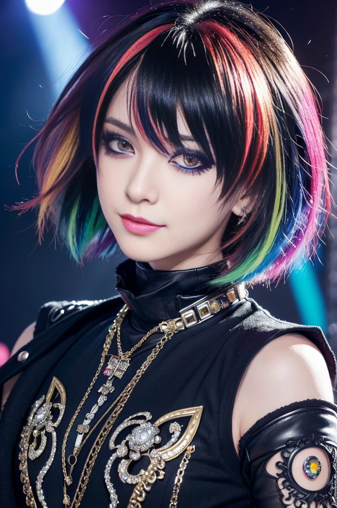 (masterpiece:1.4), (best quality:1.4), ultra high res, ultra high resolution, ((ultra detailed facial features)), HDR, (realistic, photorealistic, photo-realistic:1.37), 1 male, full body Esbian, sexy Swedish male, (-anime), vivid colors, ((vivid colors multicolor (Visual Kei style very short hair))), (big smile), ultra detailed heavy eye-makeup, bold lip-color, long lashes, defined eyebrows, wearing large dramatic Visual Kei jewelery, wearing a Visual Kei cosplay, ((vivid Visual Kei outfit)), layered clothing, look at the camera, cinematic light, rockstar festival stage background with multicolor lights, sweet and sexy pose
