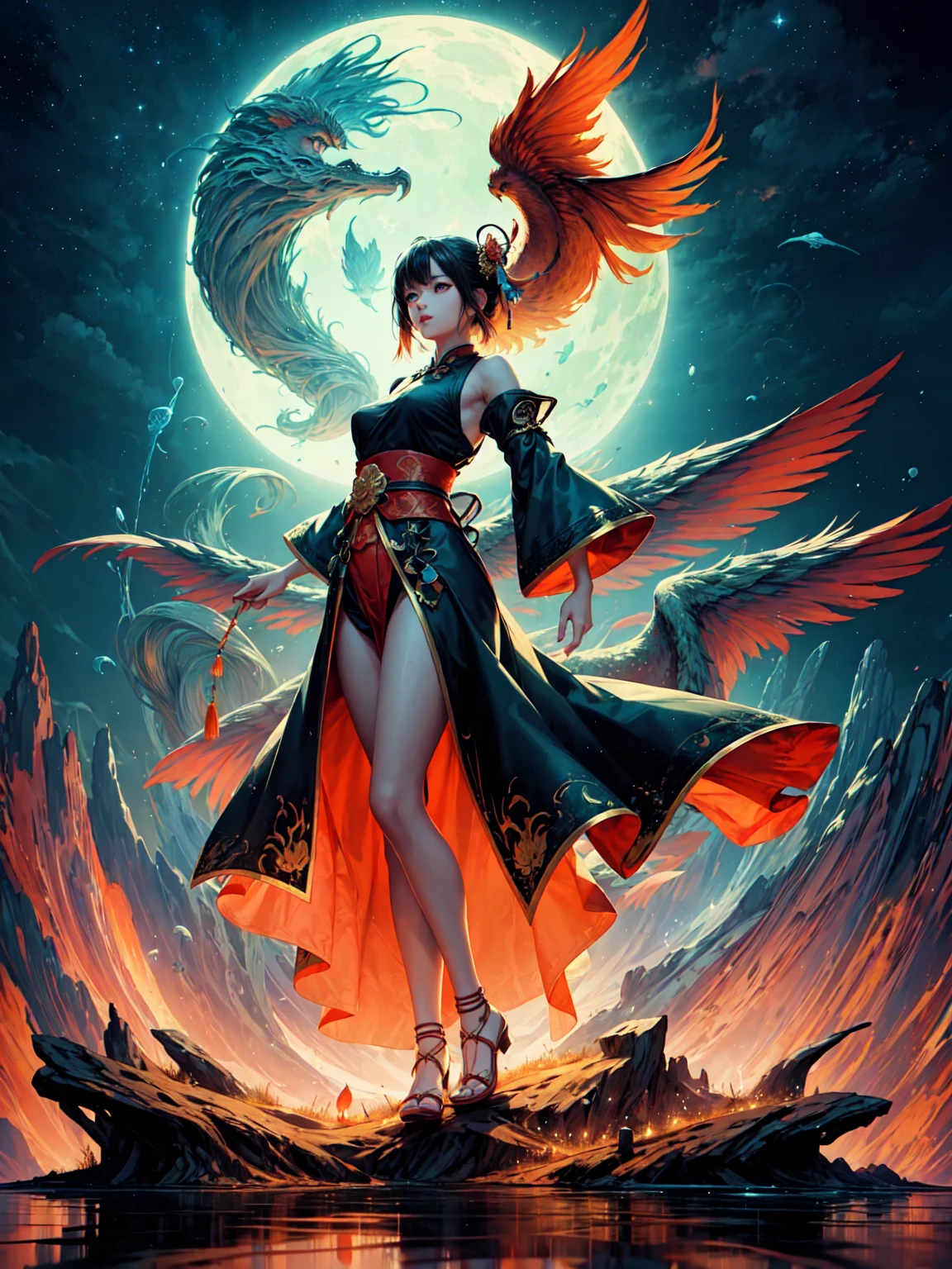 Beautiful Chinese girl standing on the water, Fog reflection, A giant phoenix floating in the sky, magic, Fantasy, Dynamic posture, It is made up of colorful flames, Delicate face, Delicate eyes, Long black and golden hair, Wearing amber and sky blue Hanfu, Delicate and intricate patterns, Ink Painting, Glowing in gold, A magnificent composition, Soft Shadows, Clean and sharp focus, photograph, Center Configuration, Poster Design, Film Photography, Panorama, 32K --v 6