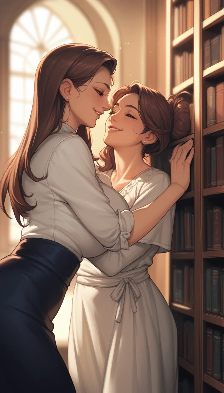 score_9, score_8_up, score_7_up, source_anime, 1girl, 1girl, mature female is smiling, mother and daughter, girl, daughter 's back against the wall, (mother is whispering), in a dark library,