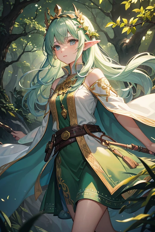 a young elf from Eldoria Forest, fearless and curious, with a deep connection to the magic of nature. wears an elegant, fluid tunic made of light, natural fabrics that imitate the green of leaves and the brown of wood, allowing it to camouflage perfectly in the forest. Her tunic is adorned with delicate embroidery of leaves and flowers that glow softly in the moonlight.. detaileds: She wears a thin leather belt, where he carries small vials of herbs and potions. Your boots are made of supple leather, designed for silent movement between trees. Em seus ombros, a light cloak, almost translucent, adds a layer of protection and ethereal charm. also wears a crown of intertwined branches, which symbolizes your connection with the forest and nature.
