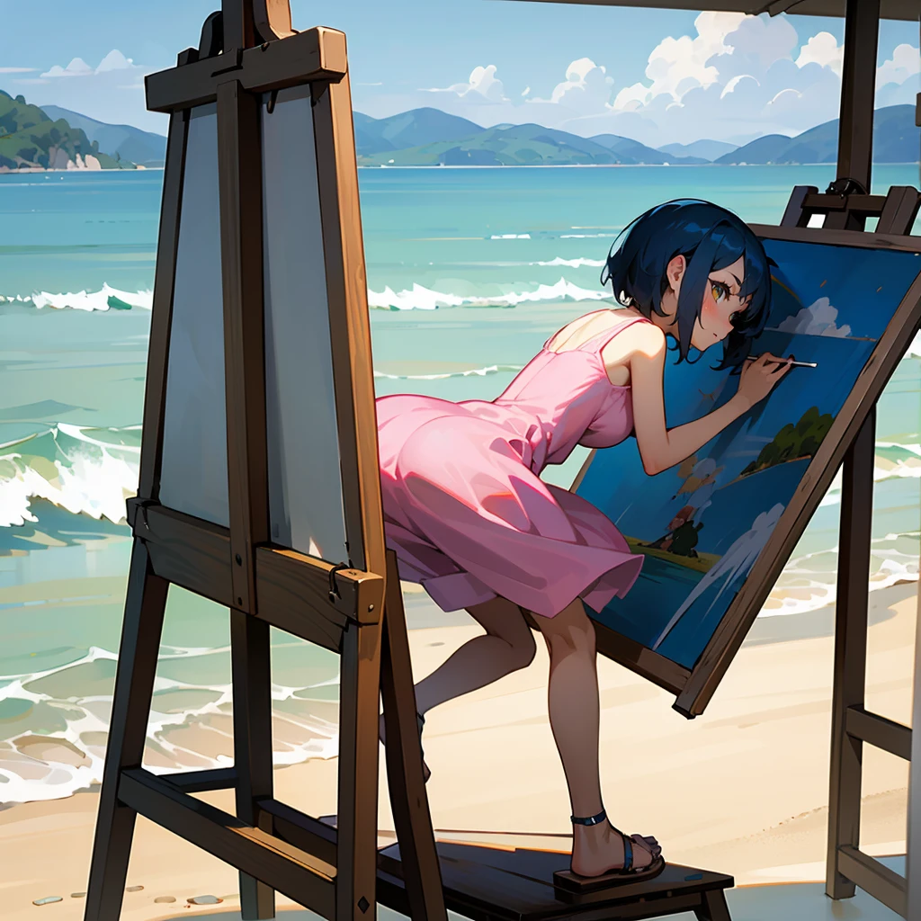 1female, Blue Hair, Pink Sundress, Short Hair, Sandals, Amber Eyes, Relaxed Expression, Slim, Artist, Young Female, Beach, Painting on an Easel
