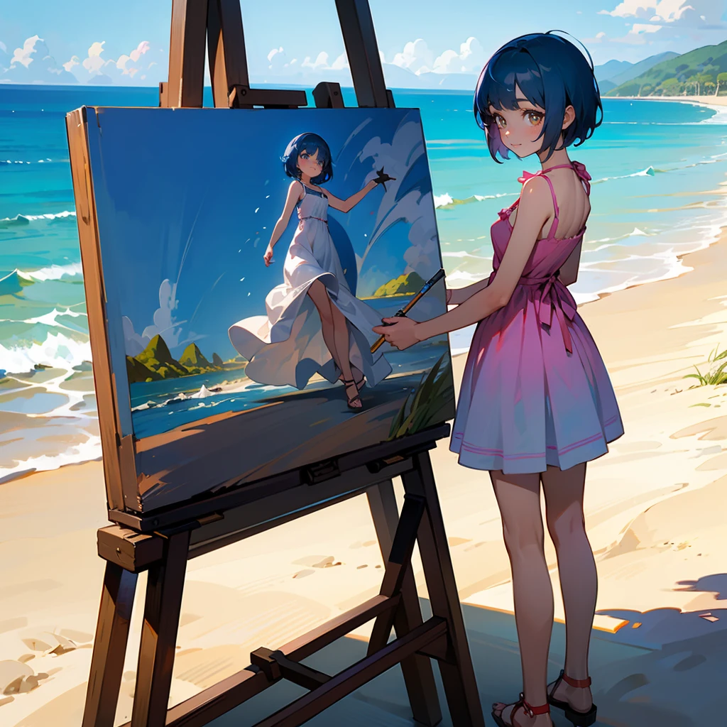 1female, Blue Hair, Pink Sundress, Short Hair, Sandals, Amber Eyes, Relaxed Expression, Slim, Artist, Young Female, Beach, Painting on an Easel