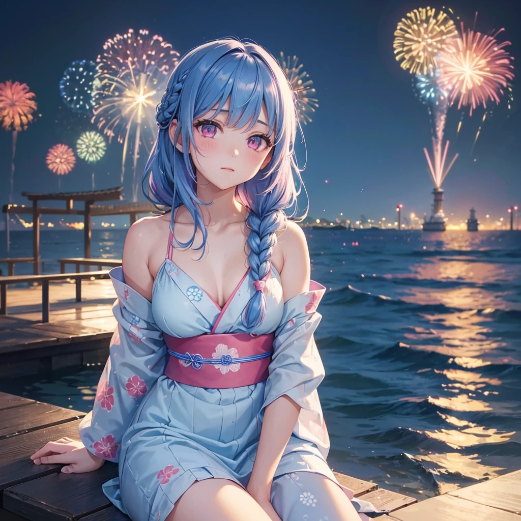 (Sky Blue Medium Hair:1.2), (Braided Hair),(Pink Eyes),Fair skin ,(whole body),(1 girl)、Floral Yukata、summer night、Extra-large fireworks filling the night sky、Huge fireworks launched from the sea、Watching the fireworks while sitting next to each other、Straight bangs,(masterpiece, Highest quality, Very detailed, Best Shadow), (Detailed Background), (Beautifully detailed face), High Contrast, (Best lighting, Very delicate and beautiful), ((Cinematic Light)), colorful, Hyper Detail 8k, Dramatic Light, Intricate details,Fireworks reflected on the water surface、