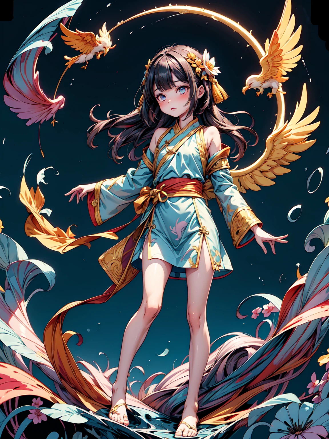 Beautiful Chinese girl standing on the water, Fog reflection, A giant phoenix floating in the sky, magic, Fantasy, Dynamic posture, It is made up of colorful flames, Delicate face, Delicate eyes, Long black and golden hair, Wearing amber and sky blue Hanfu, Delicate and intricate patterns, Ink Painting, Glowing in gold, A magnificent composition, Soft Shadows, Clean and sharp focus, photograph, Center Configuration, Poster Design, Film Photography, Panorama, 32K --v 6