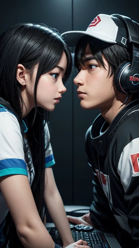 Gamer girl and boy looking into each other's eyes in love
