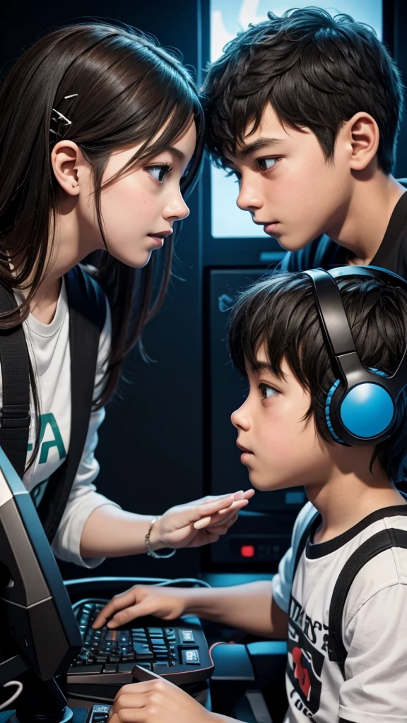 Gamer girl and boy looking into each other's eyes in love