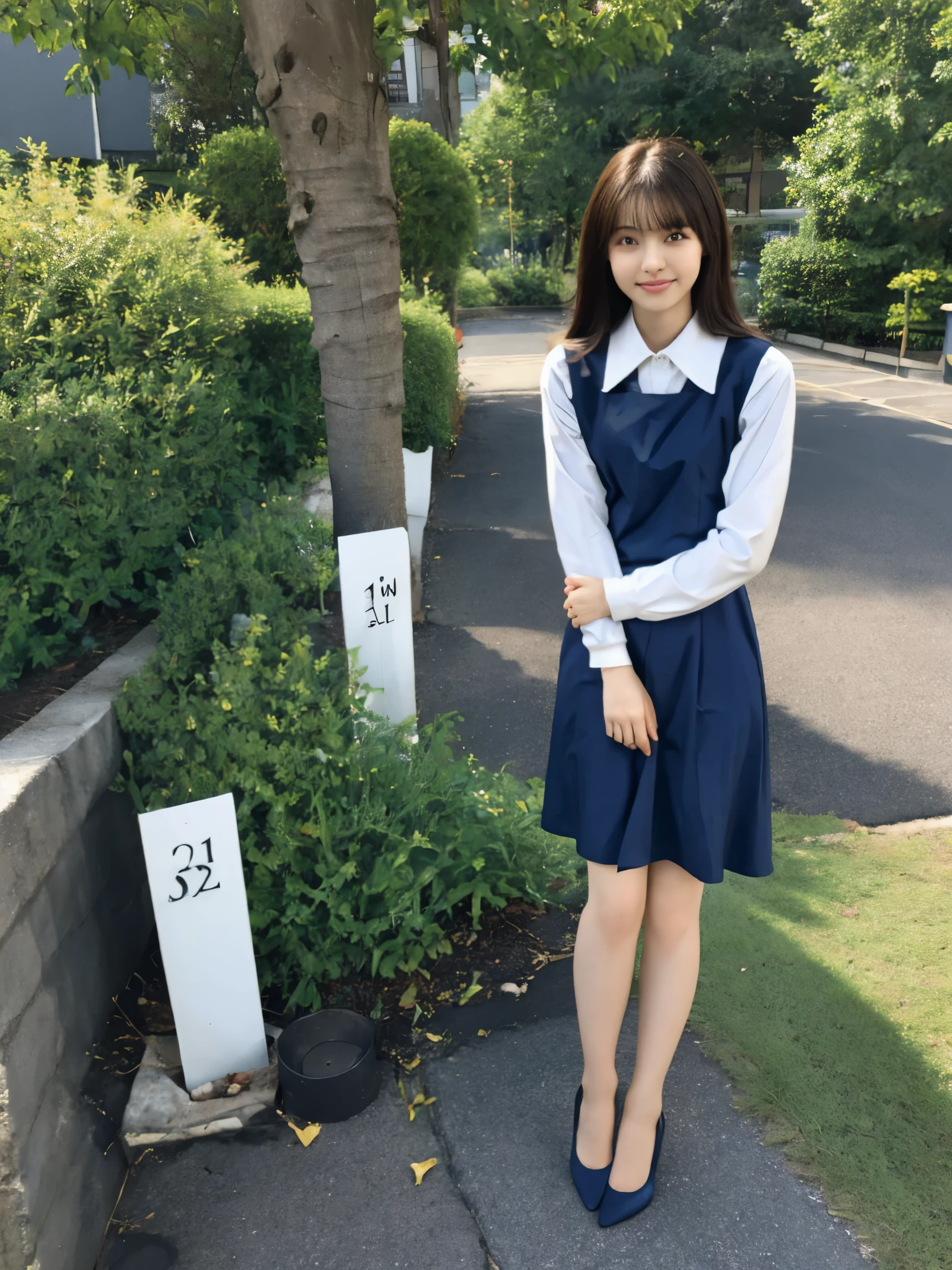 Woman sitting by the lake、Standing with both knees together、Legs stretched out in front、Hands on your back、Beauty、20-year-old、university student、Well-balanced proportionedium build、Small face、Small breasts、Small Ass、A strong wind is blowing、grassland、There are a lot of trees、She is wearing a navy blue short-sleeved long dress、Wearing white panties、Wearing pumps、Uniform left and right eyes、blue sky、