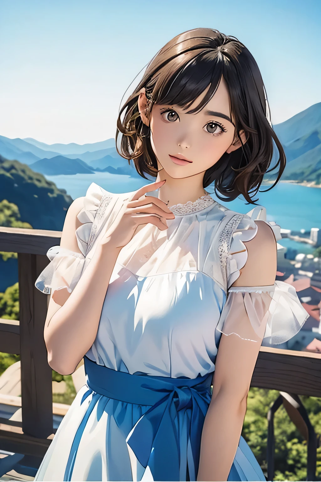 Highest quality、High resolution、Detailed Background、(Beautiful face in every detail:1.4)、Anatomically correct、(Normal number of fingers:1.2)、(Highly detailed face:1.2)、(Detailed eyes:1.2)、Beautiful women in their 20s、(Huge breasts:1.2)、Perfect body line、Light color hair、Braided bob cut、Braided long hair、Wavy Hairstyle、well-groomed eyebrows、Calm and elegant look、Mysterious atmosphere、Dreamy atmosphere、Do cute thingodel pose、
(A beautiful model with a popular spot in the background:1.5)、
Tulle dress、A tulle dress that lets you enjoy the sweetness of the season、Sports dress、Lined and jersey-style sporty-looking items are popular、Shoulder frill dress、A voluminous frilly dress、
Arashiyama bamboo forest and Togetsukyo Bridge、Walking trail along the valley、Lush mountain scenery、The best view point at Cape Zanpa is the blue sky and sea in the background.、Shooting at sunset time creates a fantastic atmosphere.、very beautiful