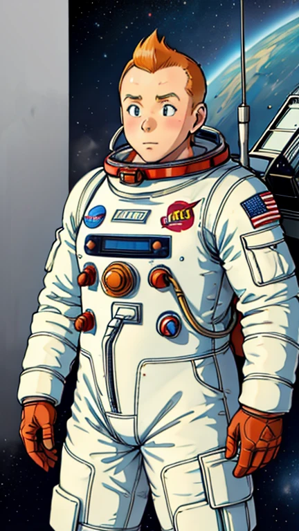 (Teens:1boy: Tintin), (extremely detailed CG unit 8k wallpaper),(master part), (best quality), (ultra detali), (best illustration),(spacesuit:1.15), cowboy shot, (Sharp eyeliner, ombre, detailed eyes:1),Dark space station indoors background, ,break , (astronaut in an orange space suit), upper body, short hair, orange hair