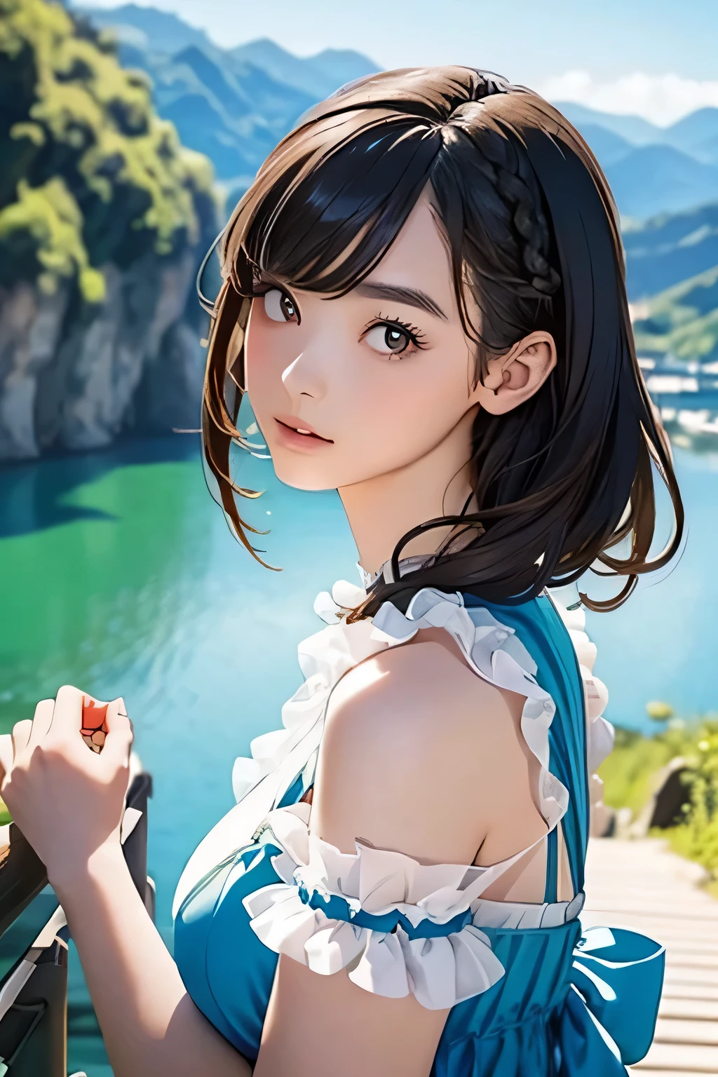 Highest quality、High resolution、Detailed Background、(Beautiful face in every detail:1.4)、Anatomically correct、(Normal number of fingers:1.2)、(Highly detailed face:1.2)、(Detailed eyes:1.2)、Beautiful women in their 20s、(Huge breasts:1.2)、Perfect body line、Light color hair、Braided bob cut、Braided long hair、Wavy Hairstyle、well-groomed eyebrows、Calm and elegant look、Mysterious atmosphere、Dreamy atmosphere、Do cute thingodel pose、
(A beautiful model with a popular spot in the background:1.5)、
Tulle dress、A tulle dress that lets you enjoy the sweetness of the season、Sports dress、Lined and jersey-style sporty-looking items are popular、Shoulder frill dress、A voluminous frilly dress、
Arashiyama bamboo forest and Togetsukyo Bridge、Walking trail along the valley、Lush mountain scenery、The best view point at Cape Zanpa is the blue sky and sea in the background.、Shooting at sunset time creates a fantastic atmosphere.、very beautiful
