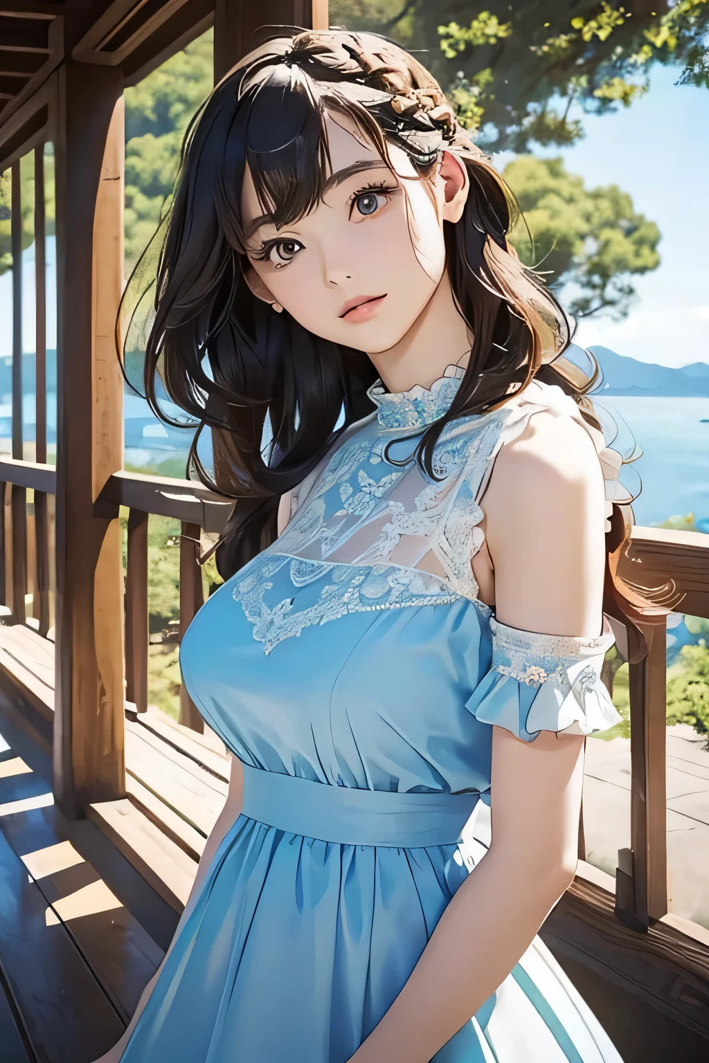 Highest quality、High resolution、Detailed Background、(Beautiful face in every detail:1.4)、Anatomically correct、(Normal number of fingers:1.2)、(Highly detailed face:1.2)、(Detailed eyes:1.2)、Beautiful women in their 20s、(Huge breasts:1.2)、Perfect body line、Light color hair、Braided bob cut、Braided long hair、Wavy Hairstyle、well-groomed eyebrows、Calm and elegant look、Mysterious atmosphere、Dreamy atmosphere、Do cute thingodel pose、
(A beautiful model with a popular spot in the background:1.5)、
Tulle dress、A tulle dress that lets you enjoy the sweetness of the season、Sports dress、Lined and jersey-style sporty-looking items are popular、Shoulder frill dress、A voluminous frilly dress、
Arashiyama bamboo forest and Togetsukyo Bridge、Walking trail along the valley、Lush mountain scenery、The best view point at Cape Zanpa is the blue sky and sea in the background.、Shooting at sunset time creates a fantastic atmosphere.、very beautiful
