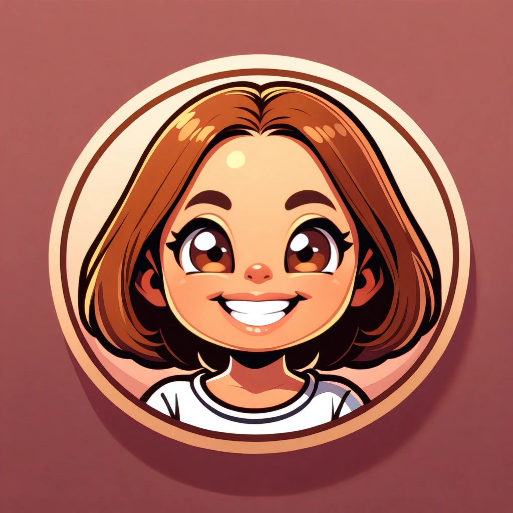 Round logo, pink background, young girl, (((brown hair))), brown eyes, big cheeks. Small smile, lips parted, white teeth. 