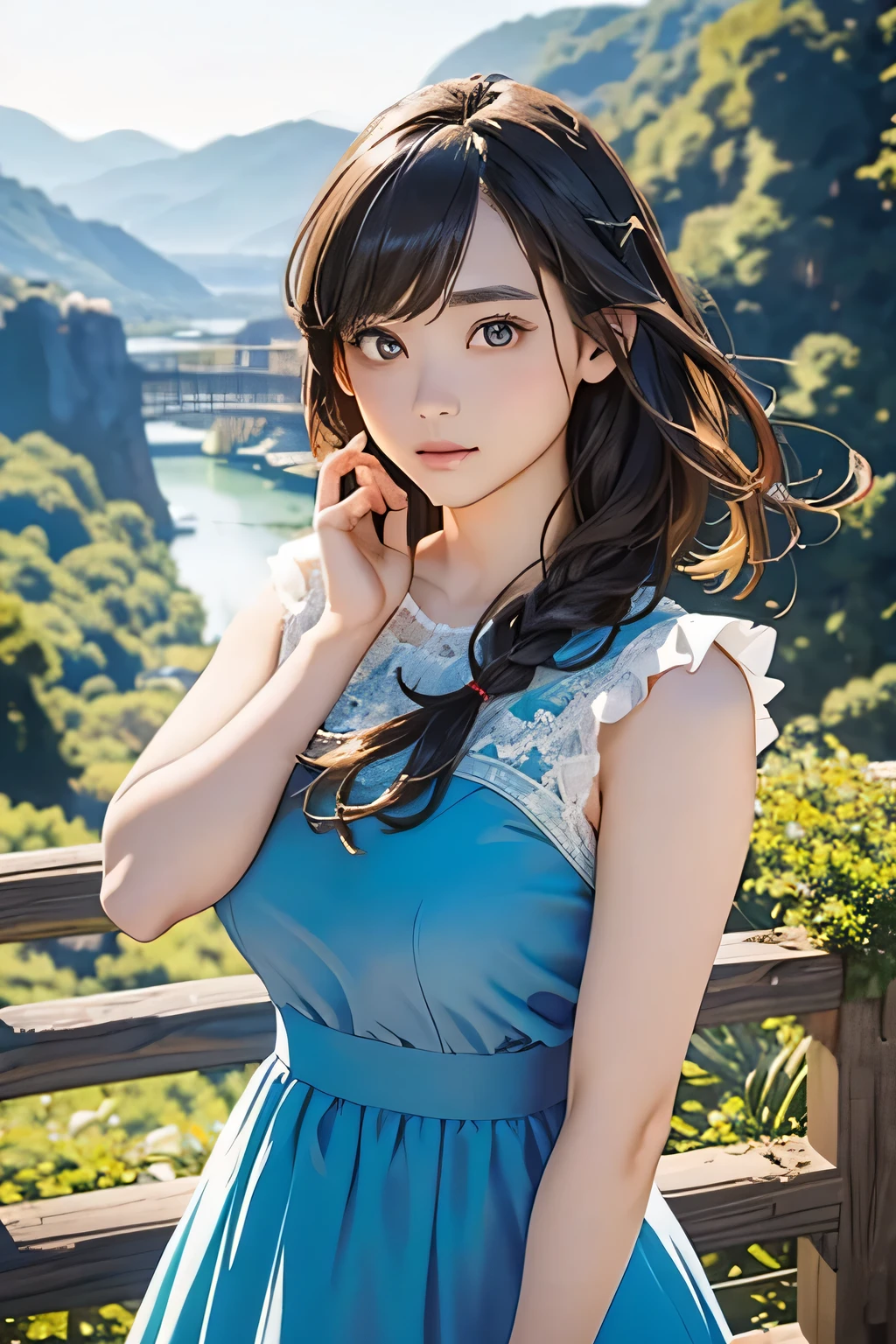 Highest quality、High resolution、Detailed Background、(Beautiful face in every detail:1.4)、Anatomically correct、(Normal number of fingers:1.2)、(Highly detailed face:1.2)、(Detailed eyes:1.2)、Beautiful women in their 20s、(Huge breasts:1.2)、Perfect body line、Light color hair、Braided bob cut、Braided long hair、Wavy Hairstyle、well-groomed eyebrows、Calm and elegant look、Mysterious atmosphere、Dreamy atmosphere、Do cute thingodel pose、

(A beautiful model with a popular spot in the background:1.5)、

Tulle dress、A tulle dress that lets you enjoy the sweetness of the season、Sports dress、Lined and jersey-style sporty-looking items are popular、Shoulder frill dress、A voluminous frilly dress、

Arashiyama bamboo forest and Togetsukyo Bridge、Walking trail along the valley、Lush mountain scenery、The best view point at Cape Zanpa is the blue sky and sea in the background.、Shooting at sunset time creates a fantastic atmosphere.、very beautiful