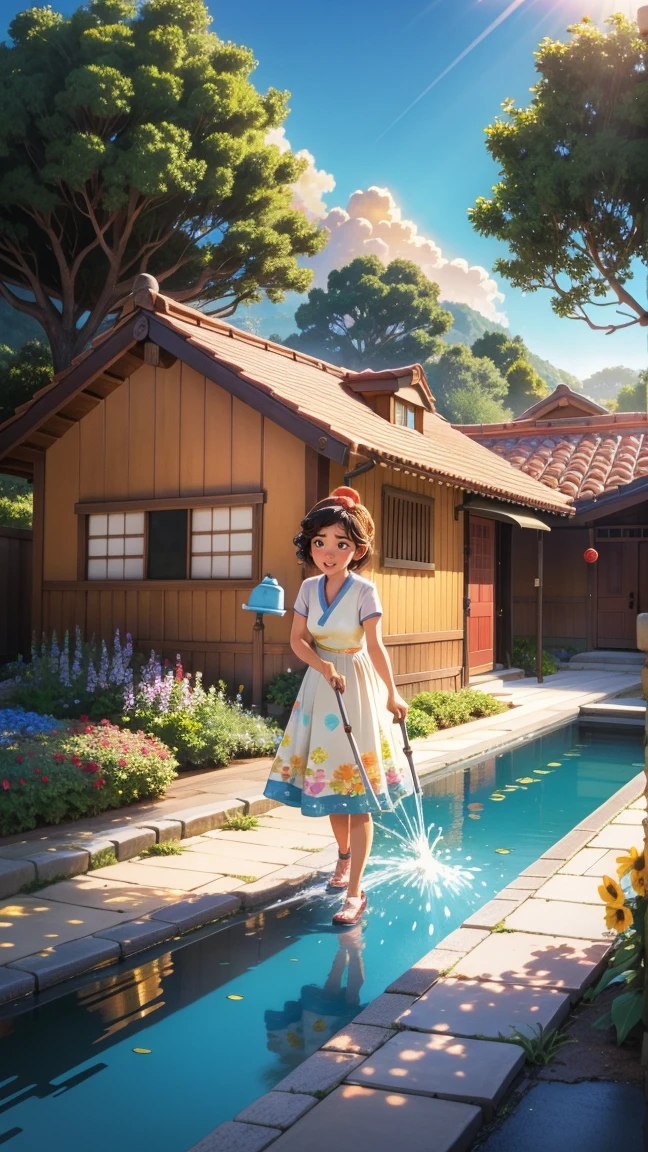 A 3D Disney-Pixar style illustration of a cheerful housewife using a hose to sprinkle water on an asphalt road. The woman is joyfully watering the road with bright sunlight shining down, creating a lively and colorful atmosphere. The background includes a traditional Japanese house, lush greenery, and vibrant flowers, capturing the essence of summer. This illustration is designed for educational purposes for children. 9:16 aspect ratio.