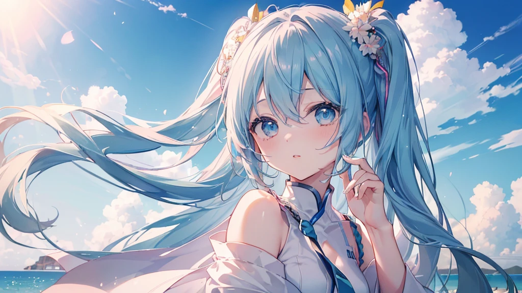 ((Highest quality、masterpiece、Ultra-fine、Ultra-fine、Exquisite、16K、Full HD、Asahi、Hatsune Miku,))), ((summer,Private Server,Look up)))Blue Eyes、Long eyelashes、White skin、(Pale pink lips、Pale pink cheeks、thin and long)、 (((cute)), ((One person)) 、(blue sky)) 、 (blue sky広がる暑い日差しの下 蝉の声が響く緑の木陰)、