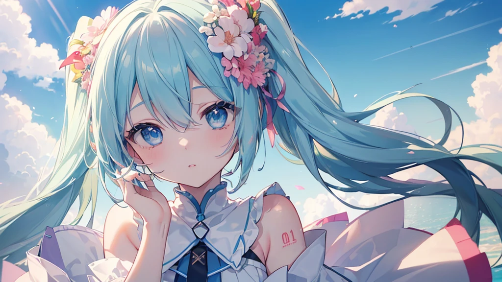 ((Highest quality、masterpiece、Ultra-fine、Ultra-fine、Exquisite、16K、Full HD、Asahi、Hatsune Miku,))), ((summer,Private Server,Look up)))Blue Eyes、Long eyelashes、White skin、(Pale pink lips、Pale pink cheeks、thin and long)、 (((cute)), ((One person)) 、(blue sky)) 、 (blue sky広がる暑い日差しの下 蝉の声が響く緑の木陰)、