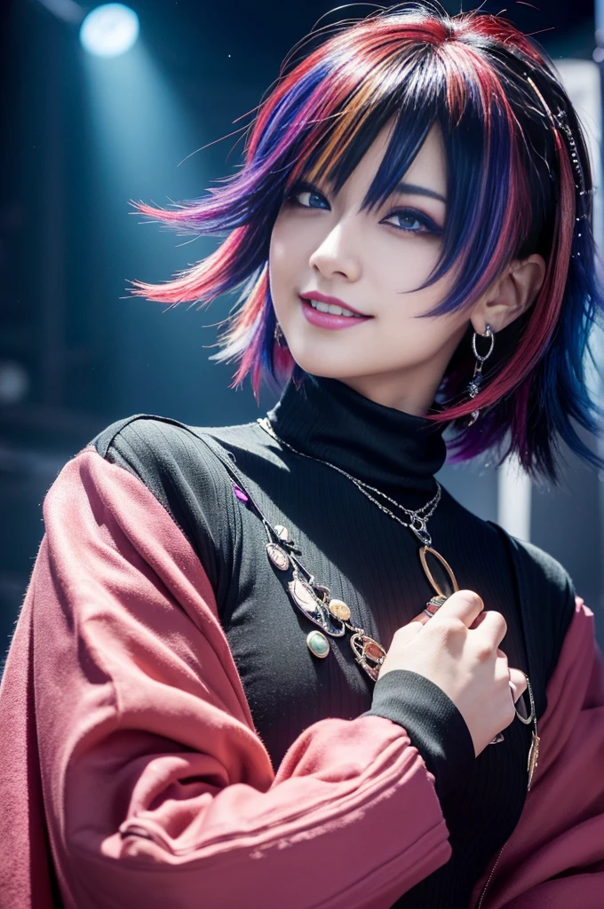 (masterpiece:1.4), (best quality:1.4), ultra high res, ultra high resolution, ((ultra detailed facial features)), HDR, (realistic, photorealistic, photo-realistic:1.37), 1 man, full body Esbian, sexy Japanese male, (-anime), vivid colors, ((vivid colors multicolor (Visual Kei style very short hair))), (big smile), ultra detailed heavy eye-makeup, bold lip-color, long lashes, defined eyebrows, wearing large dramatic Visual Kei jewelery, wearing a Visual Kei cosplay, ((vivid Visual Kei outfit)), layered clothing, look at the camera, cinematic light, rockstar festival stage background with multicolor lights, sweet and sexy pose